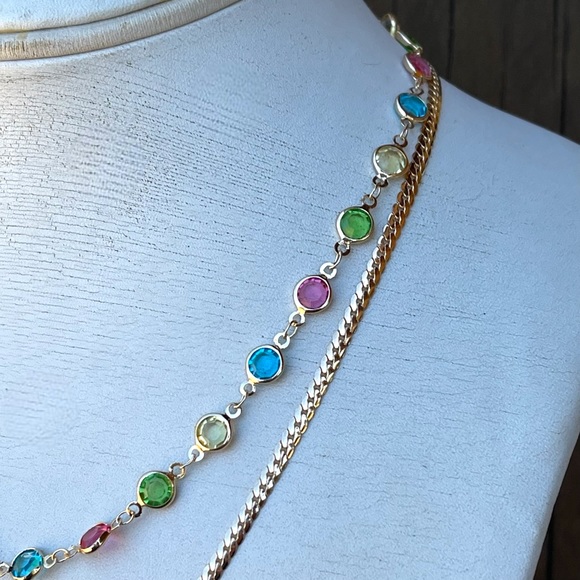 Beautiful multicolor faceted rhinestone 2 layer stainless steel gold necklace - Picture 7 of 8